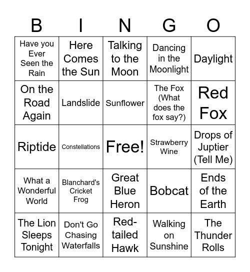 Nature Music Bingo Card