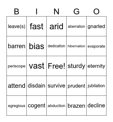 Vocabulary Words Bingo Card