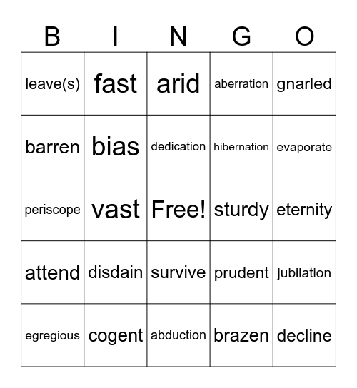 Vocabulary Words Bingo Card