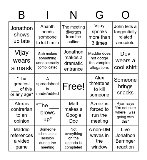 West Marches DM Meeting Bingo Card