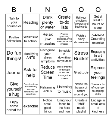 Stress Management Bingo Card
