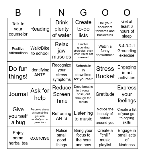 Stress Management Bingo Card