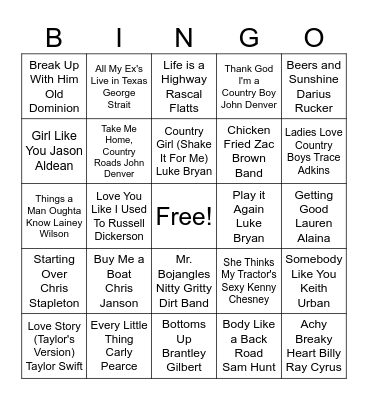 Country Music Bingo Card