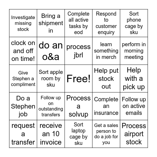 Operations Team! Bingo Card