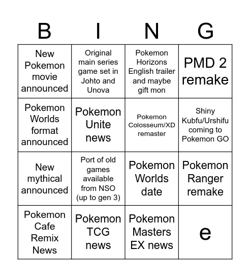 Pokemon Presents 2024 Bingo Card