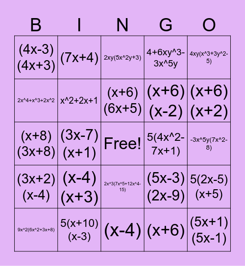 Algebra 1 Unit 10 Review Bingo Card
