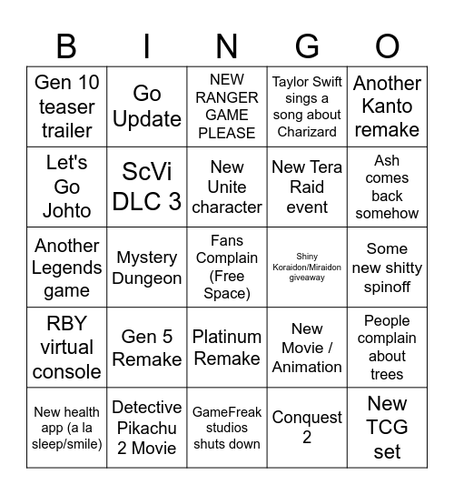 Pokemon Presents Bingo Card