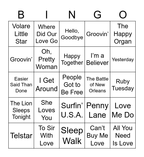 DJ Bingo 50s & 60s Bingo Card