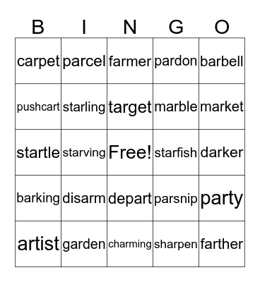 Words with /ar/ Bingo Card