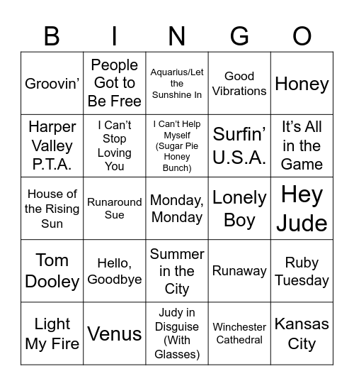 DJ Bingo 50s & 60s Bingo Card