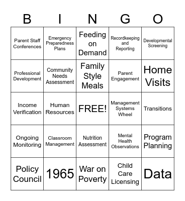 Head Start Bingo Card