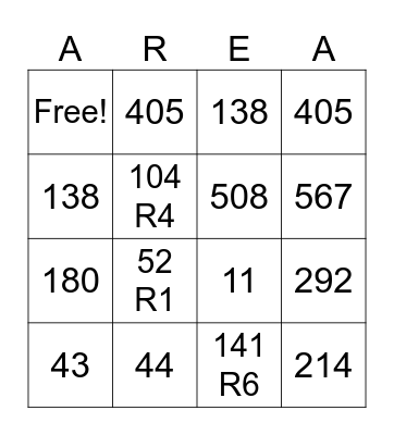 Multiplication & Division Bingo Card