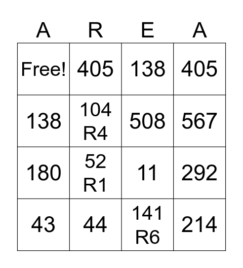 Multiplication & Division Bingo Card