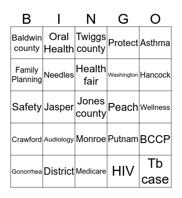 Public Health Bingo Card