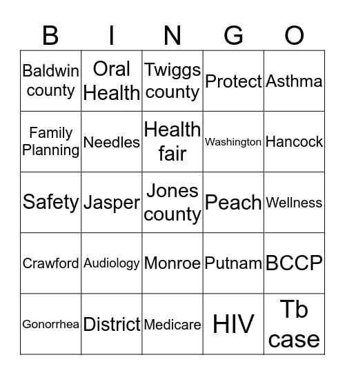 Public Health Bingo Card