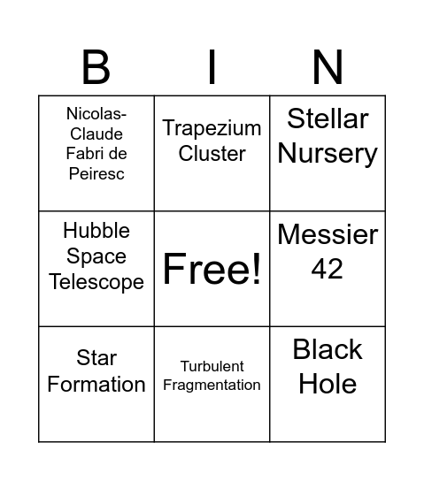 Orion Nebula Bingo Card