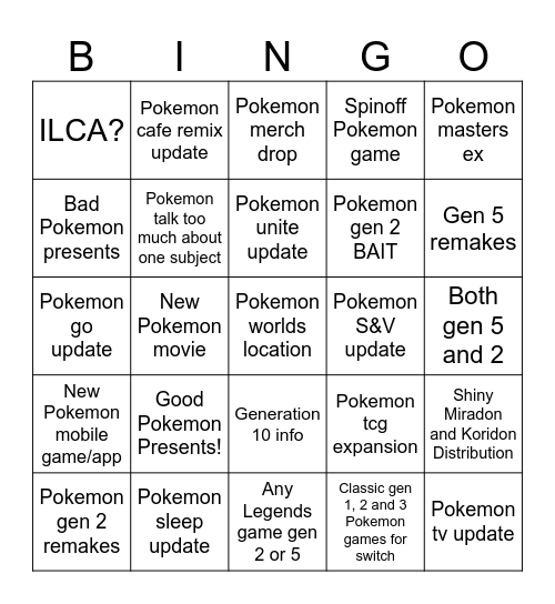 Pokemon Presents 2024 Bingo Card