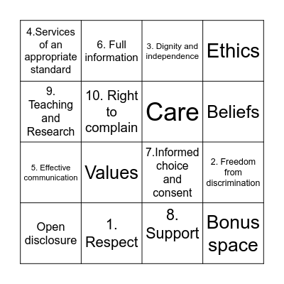 Resident's Rights Bingo Card