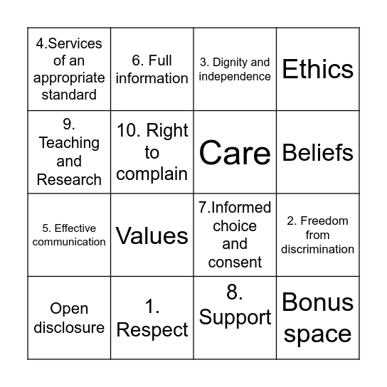 Resident's Rights Bingo Card