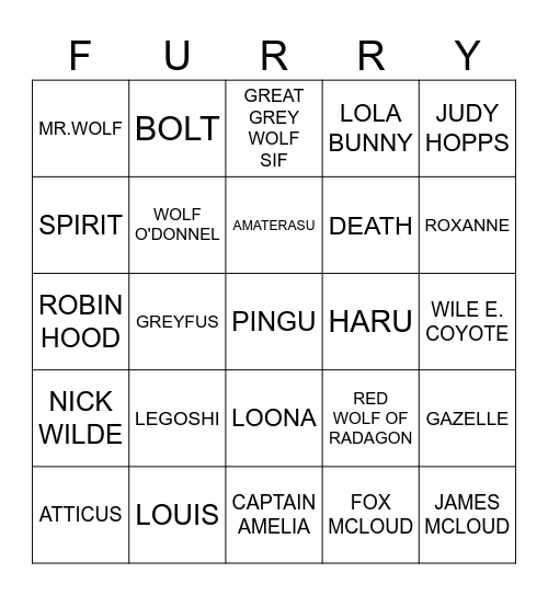 FURRY Bingo Card