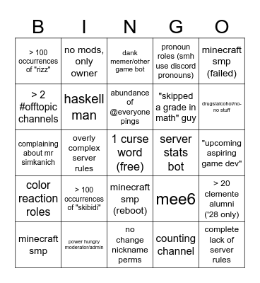 Falcons '28 Server Bingo Card