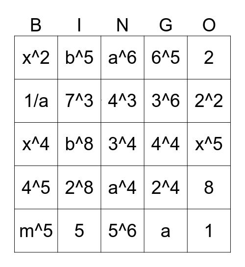 Index Law Bingo Card
