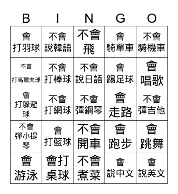 I can / can't ..... Bingo Card