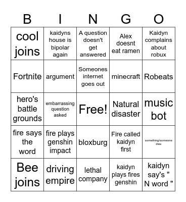 Bingo card for my unhinged discord calls Bingo Card