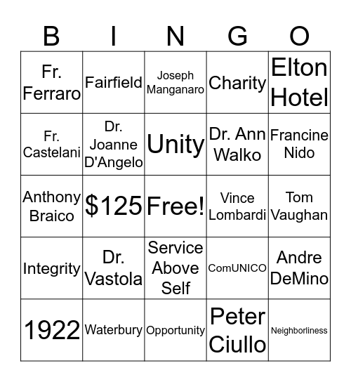 Waterbury UNICO Bingo Card