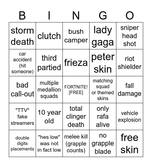 Fortnite Ultimate Bingo Card