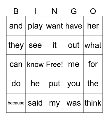 Heart Words Bingo Card