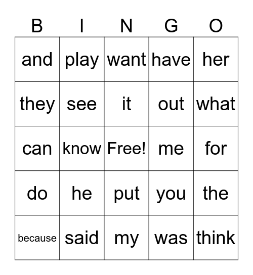 Heart Words Bingo Card