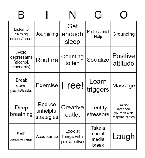 Anxiety Coping Strategies Bingo Card