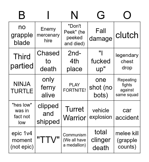Fortnite Ultimate Bingo V2 Bingo Card
