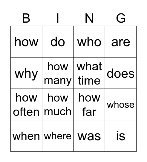 Question Words Bingo Card