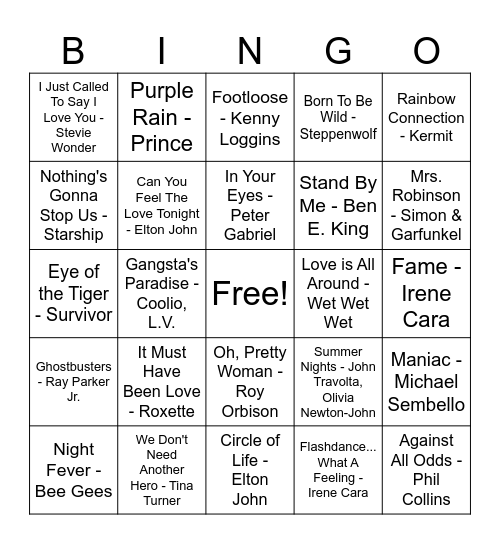 Songs from Movies (Double Bingo) Bingo Card