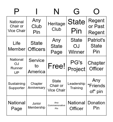 DAR Insignia PINGO Bingo Card