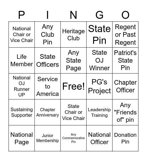 DAR Insignia PINGO Bingo Card