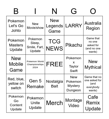 Pokemon Presents Bingo Card