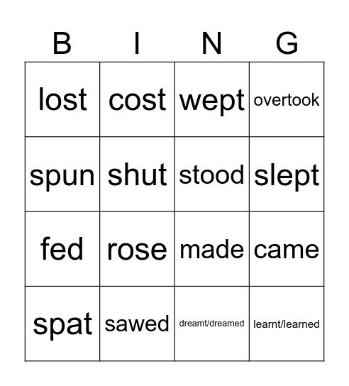 Past Tense Bingo Card