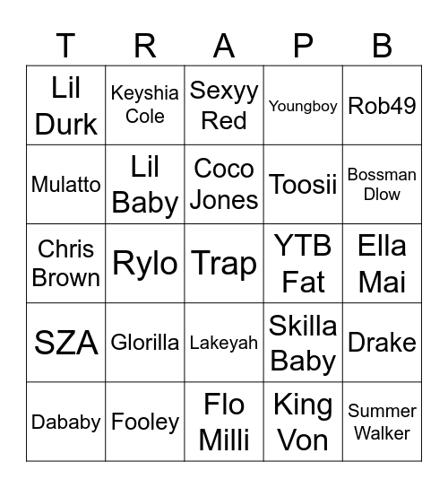 Trap vs R&B Bingo Card