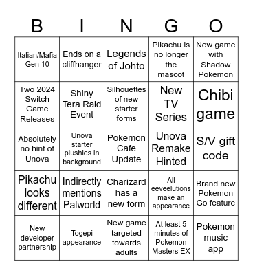 Pokemon Direct Bingo Card