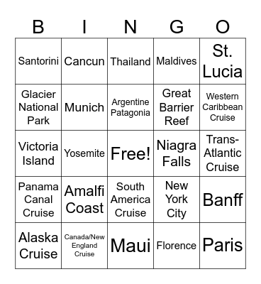 Vacation Destinations Bingo Card