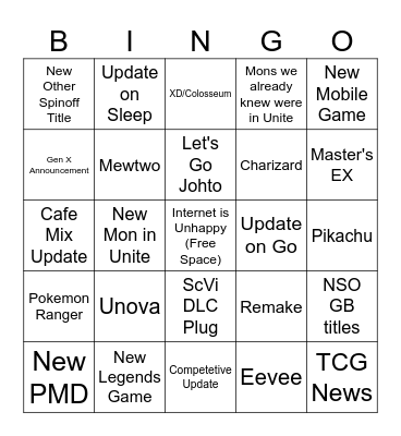 Pokemon Direct Bingo Card