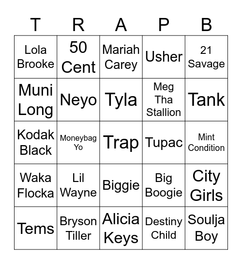 Trap vs R&B Bingo Card