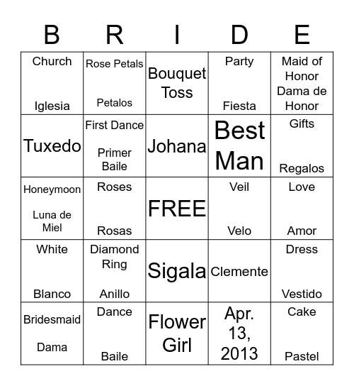 Johana's Bridal Shower Bingo! Bingo Card