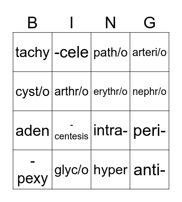 MEDICAL TERMINOLOGY Bingo Card