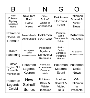 Pokémon Presents February 2024 Bingo Card