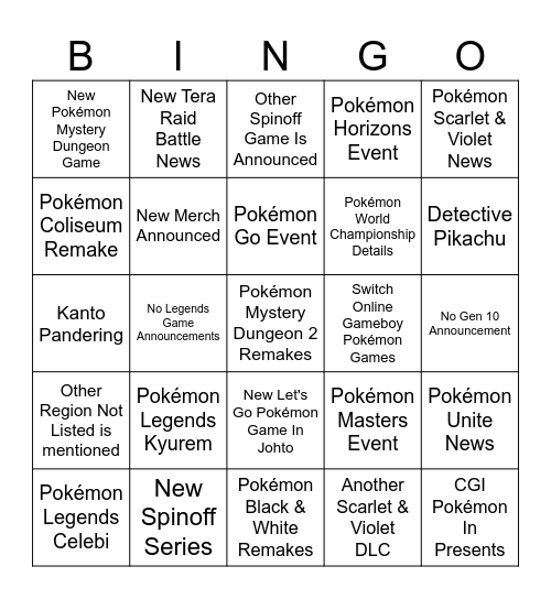 Pokémon Presents February 2024 Bingo Card