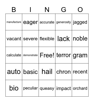 Vocabulary Bingo Card